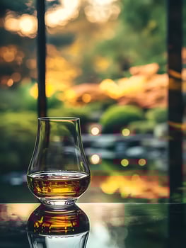 Glass of Amber Spirit Enjoying Golden Hour Outdoors. photo