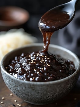Pouring Rich Brown Sauce Over Sesame Seeds in a Bowl. photo
