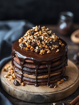 Decadent Chocolate Nut Pancakes Dripping with Rich Chocolate Sauce photo