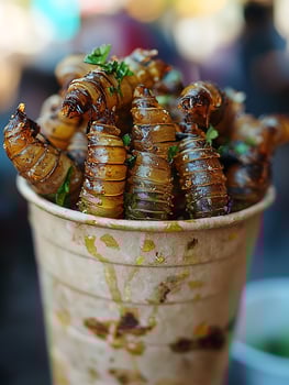 Deliciously Prepared Grubs in a Paper Cup, a Unique Snack Experience. photo