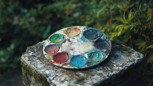 Vibrant colors swirl on a round paint palette sitting upon a mossy stone block photo