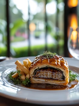 Gourmet Beef Wellington with Crispy Potatoes and Rich Sauce. photo