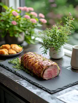 Perfectly Roasted Pork Loin Wrapped in Bacon with Fresh Herbs photo