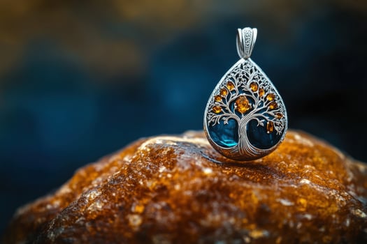 Silver tree pendant with amber stones rests delicately upon a textured golden rock photo