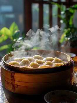 Delicious Dumplings Steaming Hot in Bamboo Cooker. photo