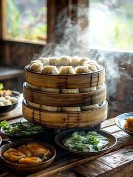 Steaming Bamboo Baskets Full of Delicious Dumplings and Fresh Sides. photo