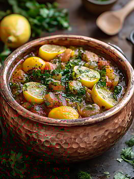 Savory Lemon Stew in Rustic Copper Bowl with Fresh Parsley. photo