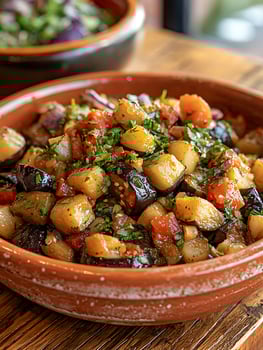 Delicious Mediterranean Eggplant and Potato Salad with Fresh Herbs. photo
