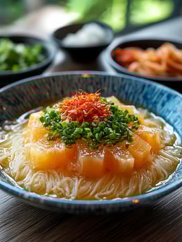 Delicious Noodle Bowl with Toppings and Side Dishes. photo