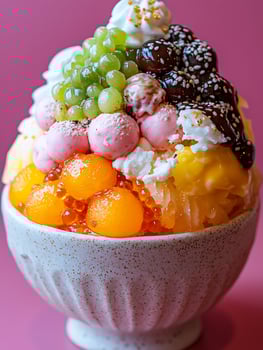 A Vibrant Bowl of Frozen Dessert with Fruit and Cream. photo
