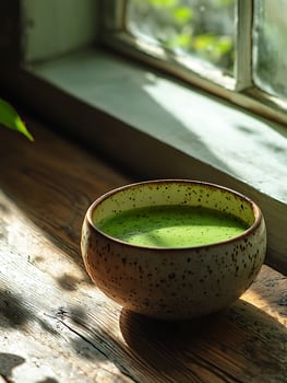 A warm cup of matcha tea bathed in soft sunlight by the window. photo
