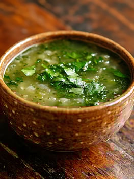 Delicious Green Vegetable Soup in a Rustic Bowl, Perfect for a Cozy Meal. photo