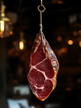 Cured Meat Hanging in a Warmly Lit Rustic Setting. photo
