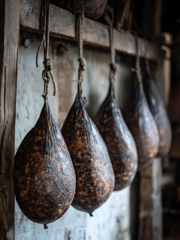 Rustic Food Storage Cured Meats Hanging in a Vintage Setting. photo