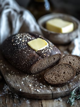 Delicious Dark Bread With A Slice Of Butter On A Wooden Board. photo