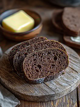 Rustic Slices of Dark Bread with Butter on a Wooden Board. photo