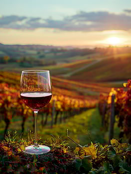 Sip the Sunset A Glass of Red Wine in Autumn Vineyards. photo