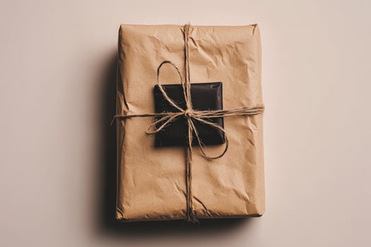 A brown paper package is tied with string and has a black detail photo