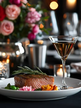 Elegant Dinner Setting with Gourmet Salmon and Cocktail photo