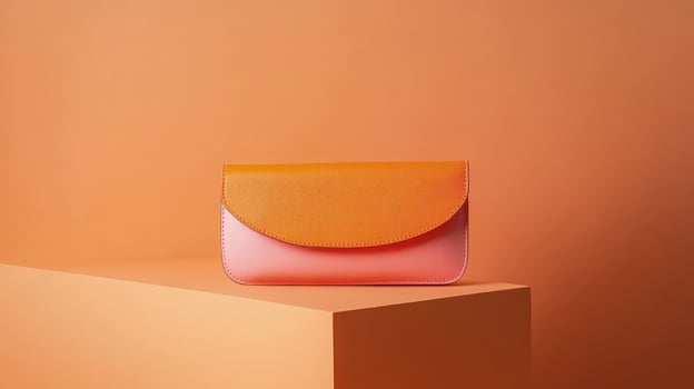 Peach and orange color block wallet rests elegantly on a geometric block against matching backdrop photo