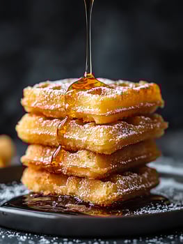 Golden Waffles Stacked High with Sweet Syrup Drizzle and Powdered Sugar. photo