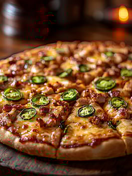 Savory Jalapeno Chicken Pizza Hot Slice Ready to Eat. photo