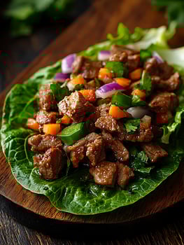 Delicious Savory Beef Lettuce Wraps with Fresh Vegetables. photo