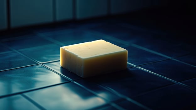 Solid yellow block rests atop dark tiled surface in a contrasting moody lighting photo