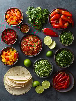 Fresh Ingredients For Delicious Homemade Tacos And Salsa Ready To Serve. photo