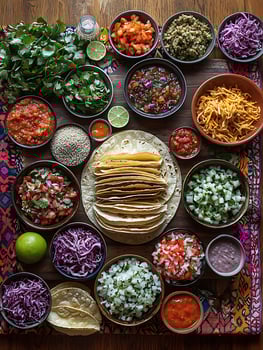 Fresh Taco Toppings Laid Out With Tortillas and Lime. photo