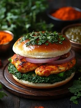 Delicious Spiced Chicken Burger with Fresh Greenery and Spices. photo