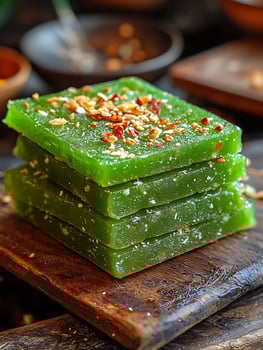 Delicious Green Sweet Treats with Nuts on a Wooden Board. photo