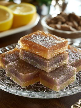 Delicious Sweet Cubes with Lemon and Nuts on a Glass Plate. photo