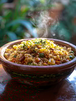 A Delicious Bowl of Steaming Couscous with Vegetables and Herbs. photo
