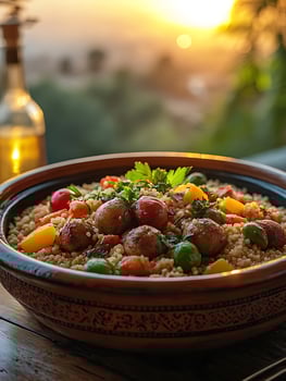 Savory Couscous Dish with Meatballs and Vegetables at Sunset. photo