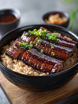 Savory Glazed Eel on Steamed Rice, A Delicious Asian Meal Close Up. photo