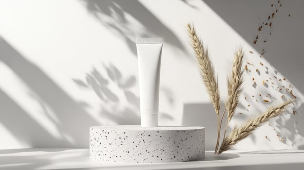 White tube product stands on a speckled pedestal near pampas grass and shadows photo