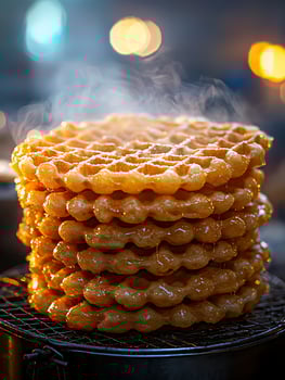 Hot Sweet Waffles Stacked High With Powdered Sugar and Drizzle. photo
