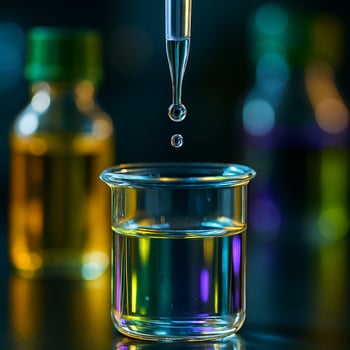 close up of pipette releasing droplet into beaker with colorful liquids in scientific laboratory bokeh background symbolizing precision research and innovation photo