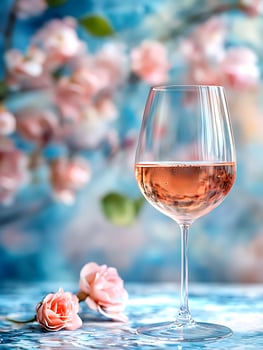 Refreshing Rose Wine With Delicate Pink Flowers and Soft Background. photo