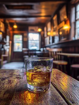 Whiskey glass on a rustic wooden table in a cozy bar. photo