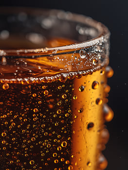Refreshing Amber Drink with Bubbles and Water Droplets. photo
