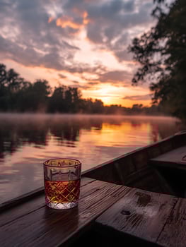 Sunset tranquility with a glass of whiskey on a wooden boat. photo