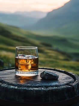 Relaxing Glass of Whiskey Overlooking Serene Mountain Landscape at Dusk. photo