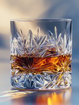 A Clear Crystal Glass Filled with Amber Whiskey and Warm Light. photo