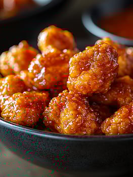 Delicious Honey Glazed Crispy Chicken Bites in Black Bowl. photo