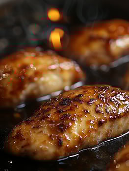 Sizzling Glazed Chicken Fillets Cooking in a Pan with Flames. photo