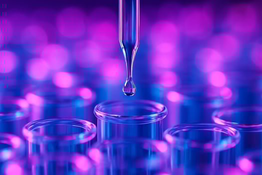 macro image of a clear droplet falling from a dropper into a test tube surrounded by rows of tubes with neon pink purple and blue bokeh background representing modern science photo