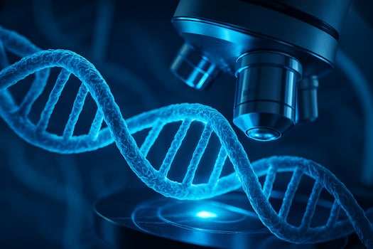 close up of glowing blue DNA double helix under microscope symbolizing genetics molecular biology biotechnology and advanced scientific research photo