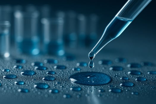 macro view of a blue liquid droplet from a pipette falling onto a wet reflective surface surrounded by scattered droplets in a clean scientific lab setting photo
